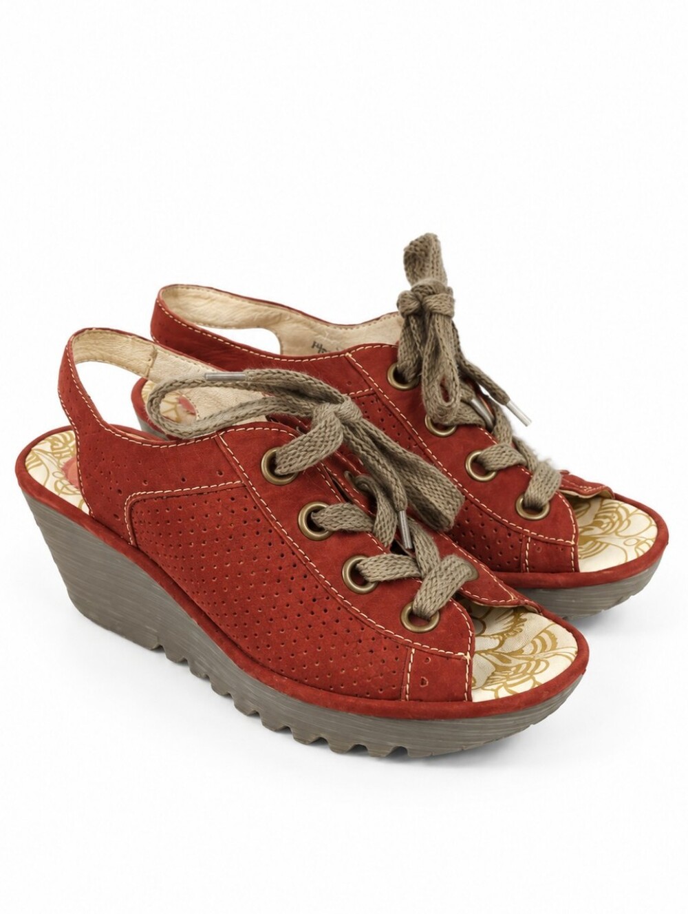 Fly London Yifa Burgundy Suede Wedge Women's Sandals Size EU 38 - US 8